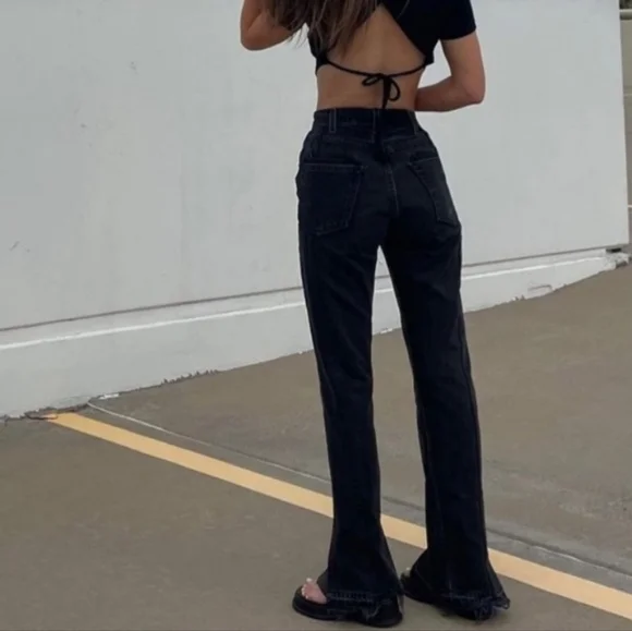 EB Denim Unraveled Black Washed Spilt Hem High Rise Size 30 Button Fly New - Picture 3 of 10